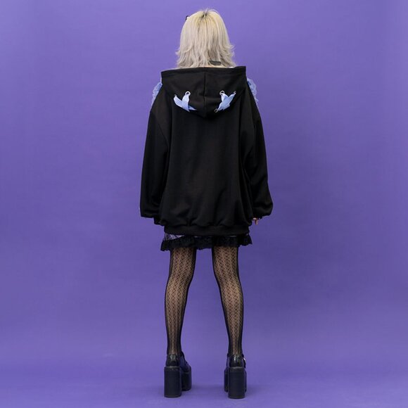 NEW ACDC RAG - Love Punk Lace & Ribbon Oversized Zip Up Hoodie - Picture 8 of 10